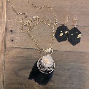 Long gold necklace with earrings